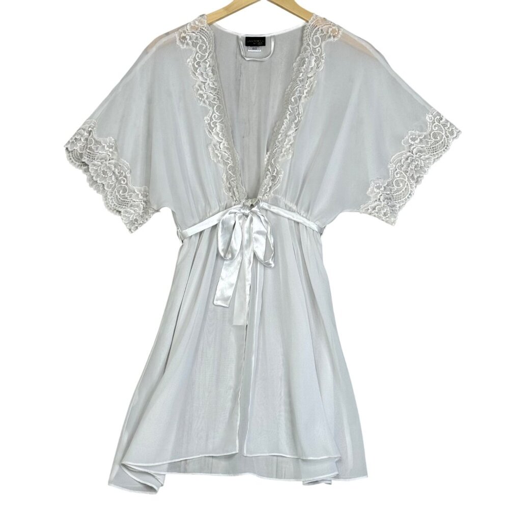 Cinema Etoile SeductiveWear White Sheer Lace Kimono Robe Satin Tie Bridal Size M